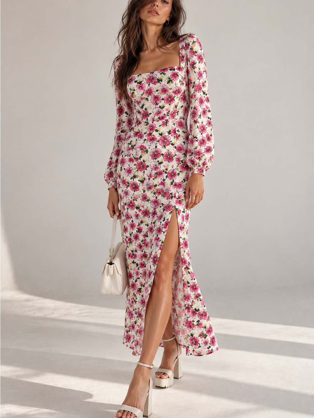Zara Pink Floral Square-Neck Maxi Dress with Side Slit